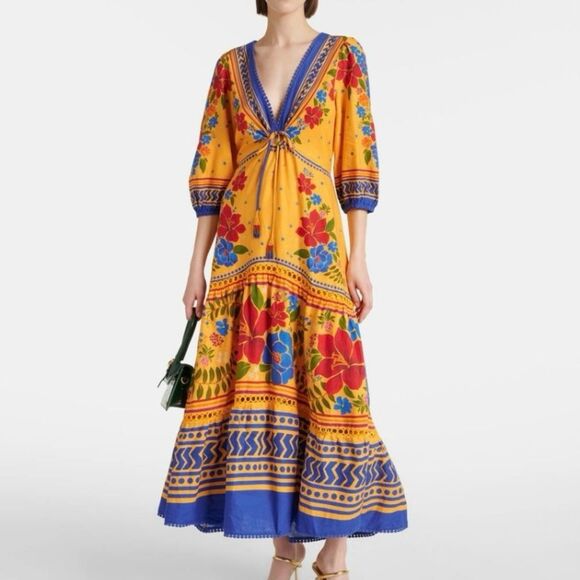 NEW FARM Rio Floral Yard Yellow Maxi Dress Embroidered Eyelet Beaded Tassel XS - Picture 1 of 16